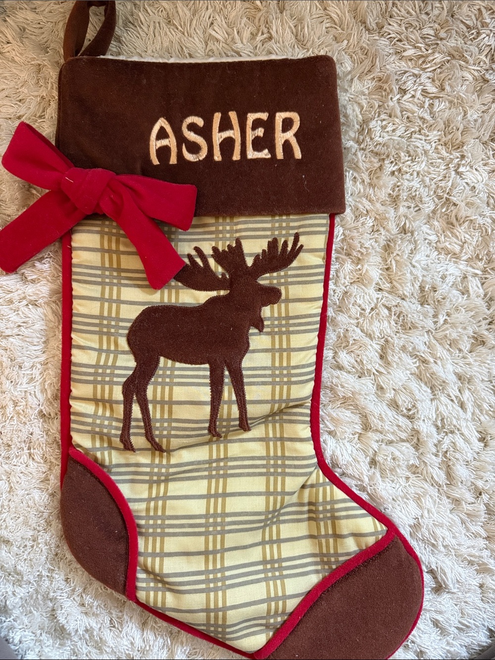 Personalized “asher” Brown & Red Moose Christmas Stocking